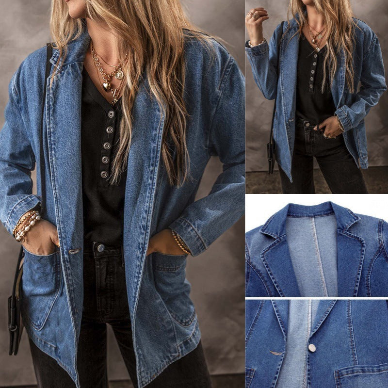 Spring And Autumn New Denim Jacket For Women, Slim Fit, Suit Collar, Solid Color Cardigan, One Button Top, Trendy