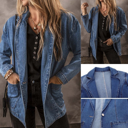 Spring And Autumn New Denim Jacket For Women, Slim Fit, Suit Collar, Solid Color Cardigan, One Button Top, Trendy