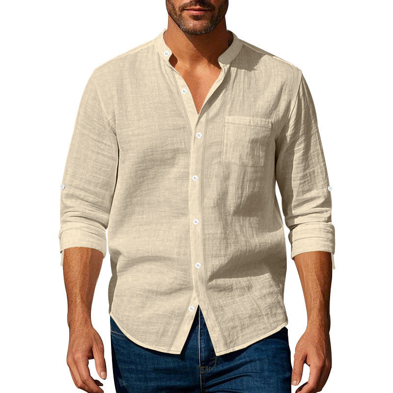 Long Sleeve Stand Collar Shirt With Pockets - Casual Men's Clothing