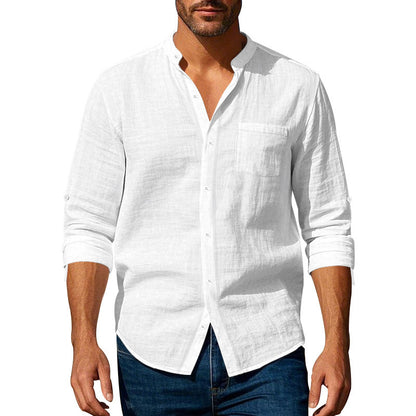 Long Sleeve Stand Collar Shirt With Pockets - Casual Men's Clothing