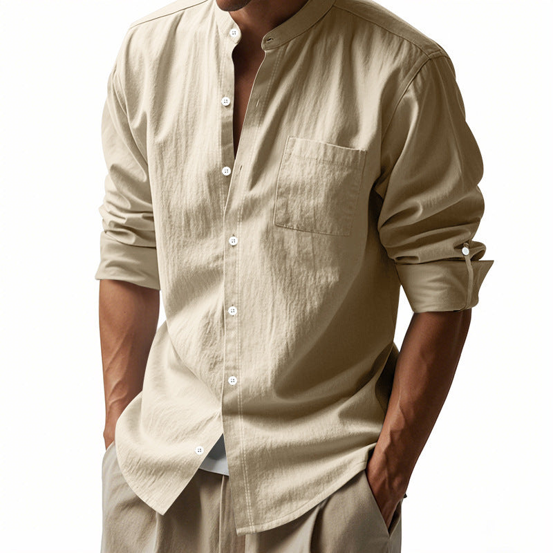 Long Sleeve Stand Collar Shirt With Pockets - Casual Men's Clothing