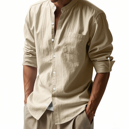 Long Sleeve Stand Collar Shirt With Pockets - Casual Men's Clothing