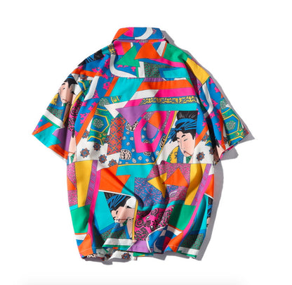 Colorful kimono-style garment with geometric patterns on a white background