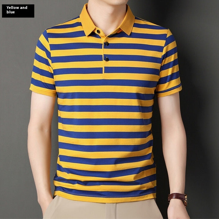 Summer Cotton Polo Collar Striped T-shirt - Men