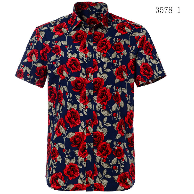 Short-sleeve shirt with red floral pattern on a blue background