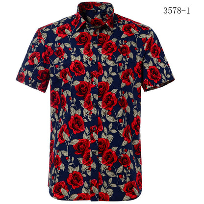 Short-sleeve shirt with red floral pattern on a blue background