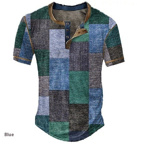 Men's Graphic Plaid Henley Shirt - Short Sleeve