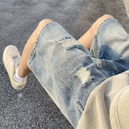 Retro Tattered Jeans Men's Shorts - Vintage Denim Style