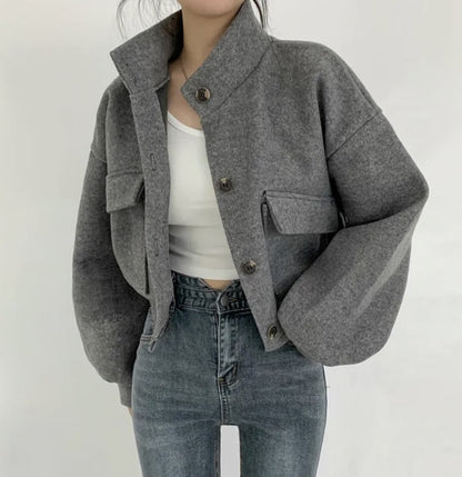 Cool Korean Style Autumn And Winter New Style Stand Collar Niche Short Lazy Style Loose Casual Woolen Coat For Women