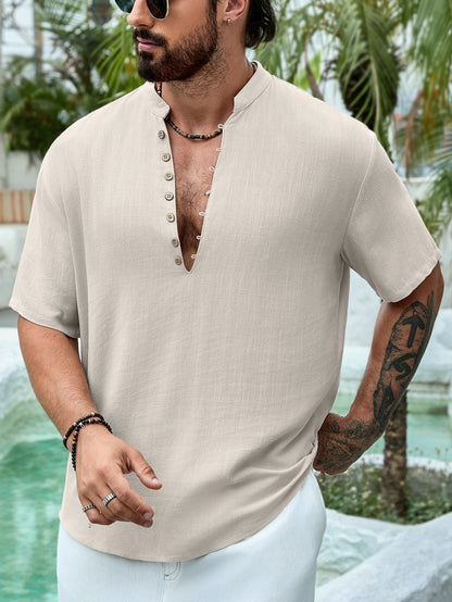 Summer Deep V-neck Cotton Linen Shirt - Breathable & Stylish