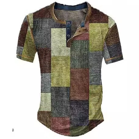 Men's Graphic Plaid Henley Shirt - Short Sleeve