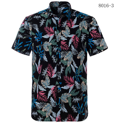 Short-sleeve shirt with colorful leaf pattern on a black background