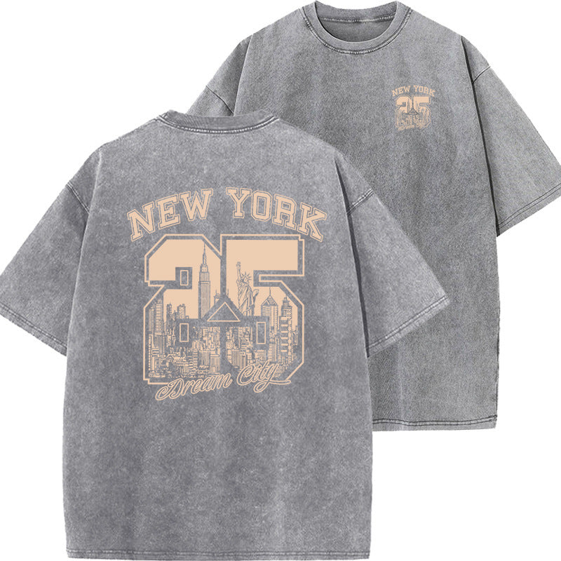 New Vintage Print Washed Short-sleeved T-shirt
