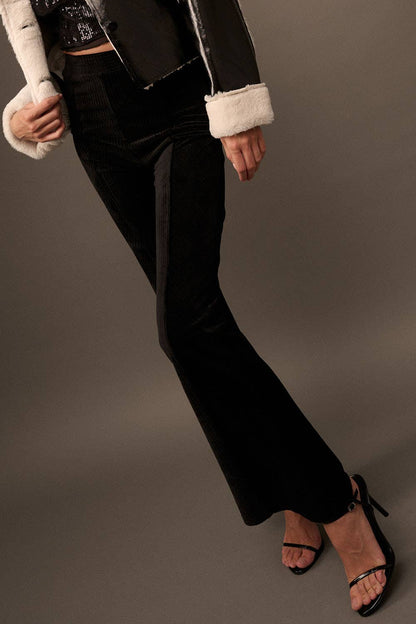 Solid High Waist Fitted Flared Corduroy Pants: BLACK