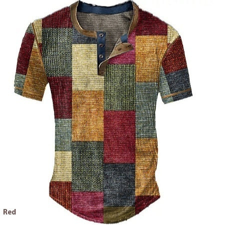Men's Graphic Plaid Henley Shirt - Short Sleeve