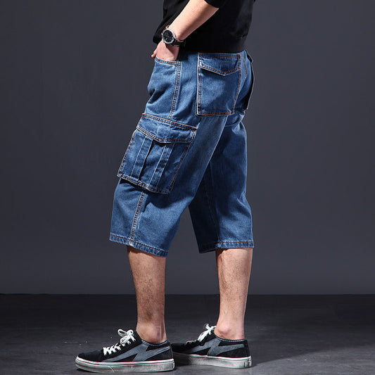 Summer Thin Loose Multi-pocket Workwear Cropped Pants Casual Jeans