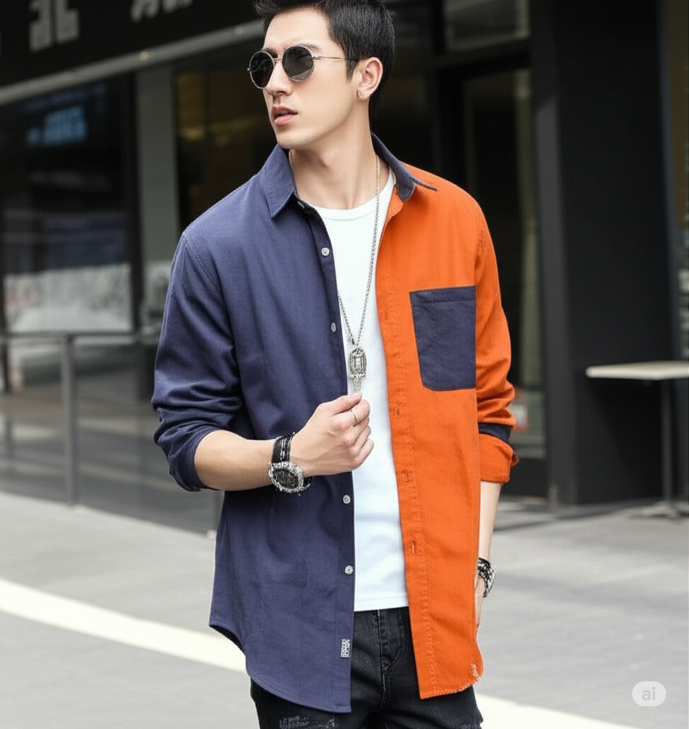 Men's Colorblock Slim Long Sleeve Shirt Youth Fashion