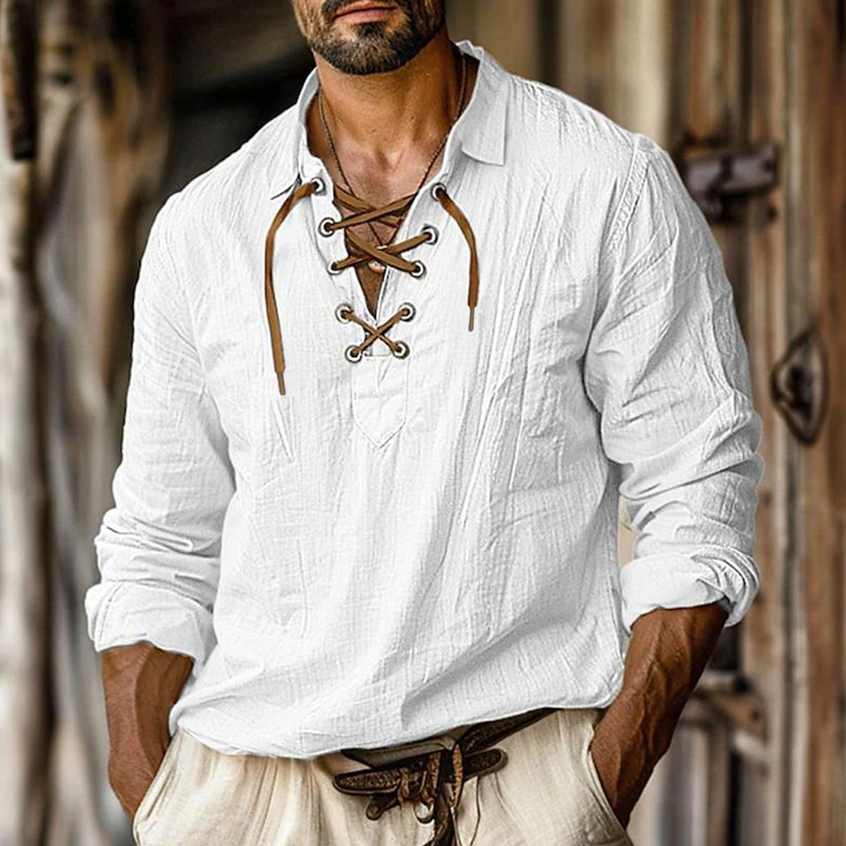 Plus Size Men's Lapels Lace Shirt - Solid Linen