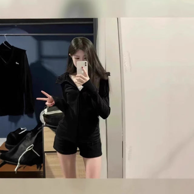 With Finger Buckle Hooded Slim Fit Waist Trimming Coat Zipper Cardigan Sweater