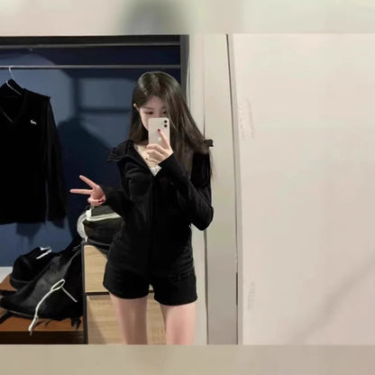 With Finger Buckle Hooded Slim Fit Waist Trimming Coat Zipper Cardigan Sweater