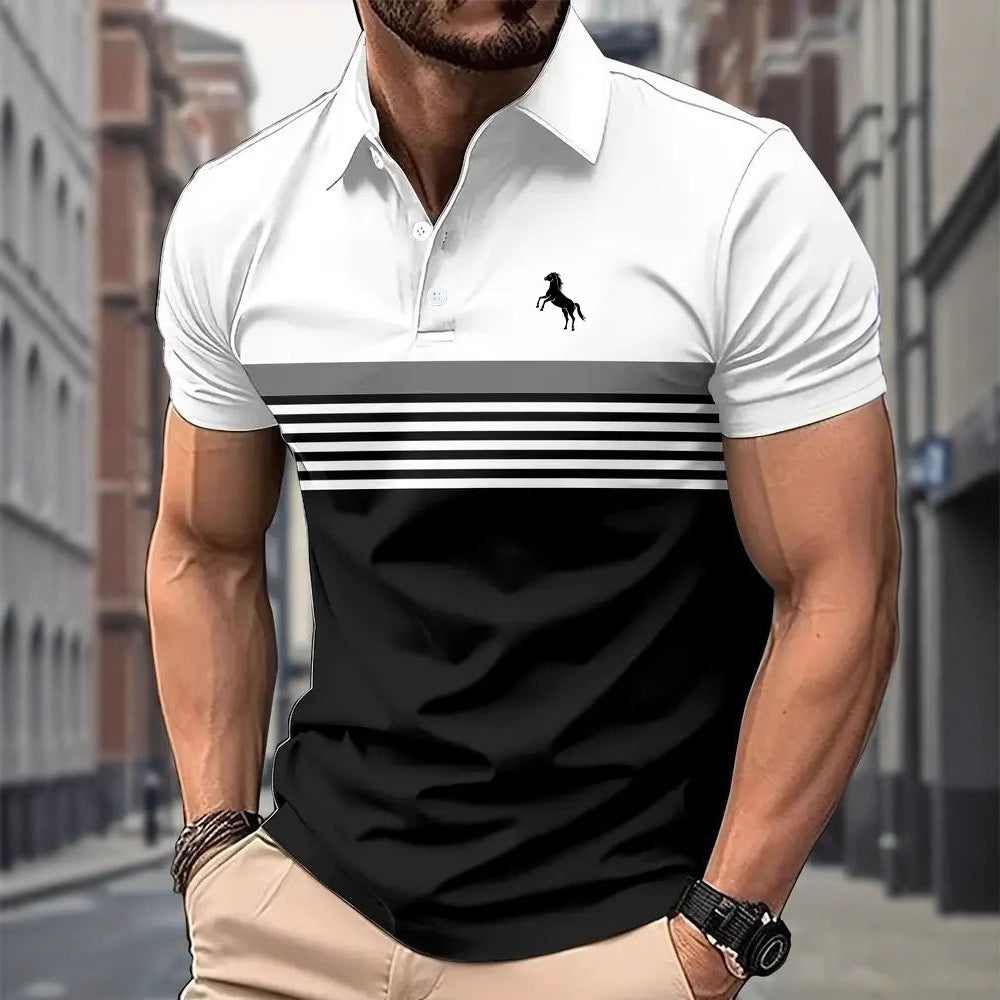 Men's Striped Color Block Golf Shirt - Sports Style