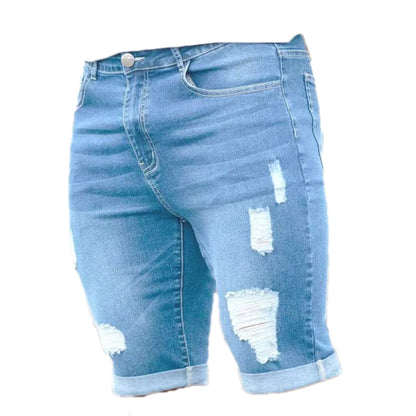 Trendy Distressed Denim Shorts - Summer Blue Multi-hole Design