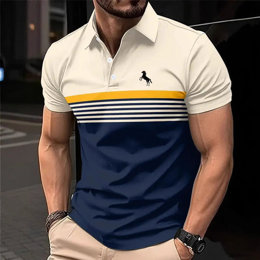 Men's Striped Color Block Golf Shirt - Sports Style