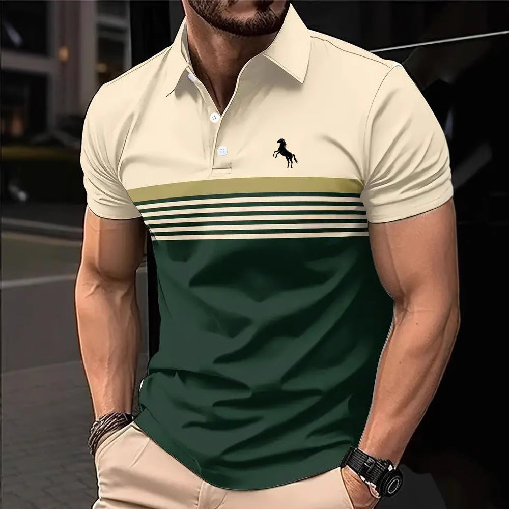 Men's Striped Color Block Golf Shirt - Sports Style
