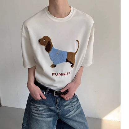 Sausage Dog Towel Embroidery Round Neck Short Sleeve T-shirt