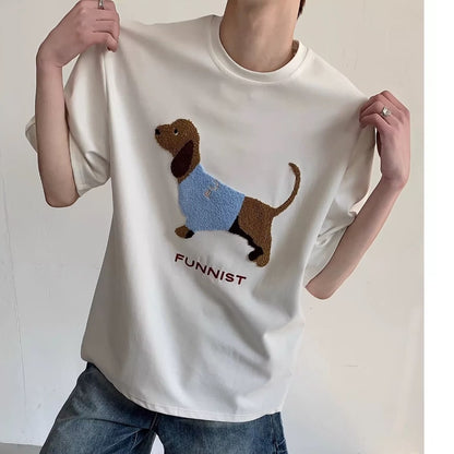 Sausage Dog Towel Embroidery Round Neck Short Sleeve T-shirt