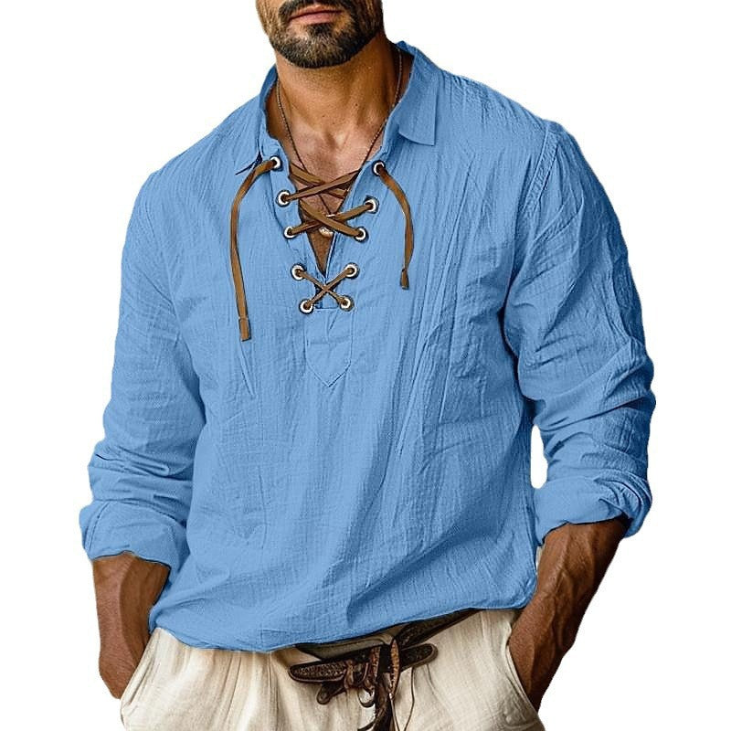 Plus Size Men's Lapels Lace Shirt - Solid Linen