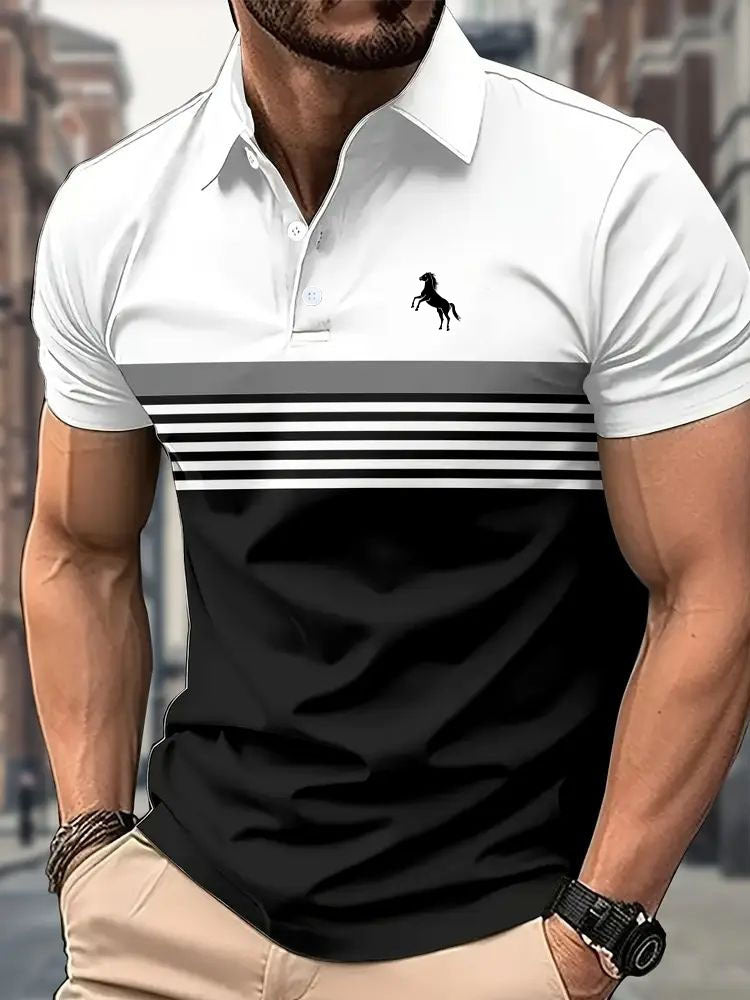 Men's Striped Color Block Golf Shirt - Sports Style