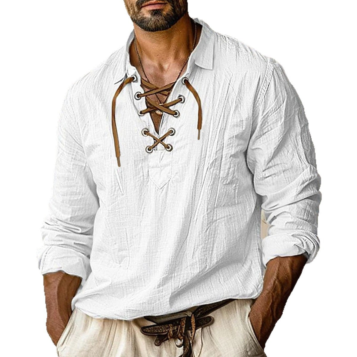 Plus Size Men's Lapels Lace Shirt - Solid Linen
