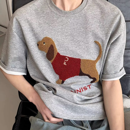Sausage Dog Towel Embroidery Round Neck Short Sleeve T-shirt