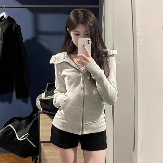 With Finger Buckle Hooded Slim Fit Waist Trimming Coat Zipper Cardigan Sweater