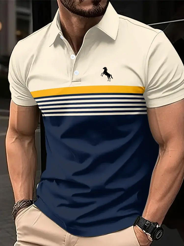 Men's Striped Color Block Golf Shirt - Sports Style