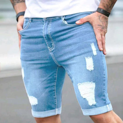 Trendy Distressed Denim Shorts - Summer Blue Multi-hole Design