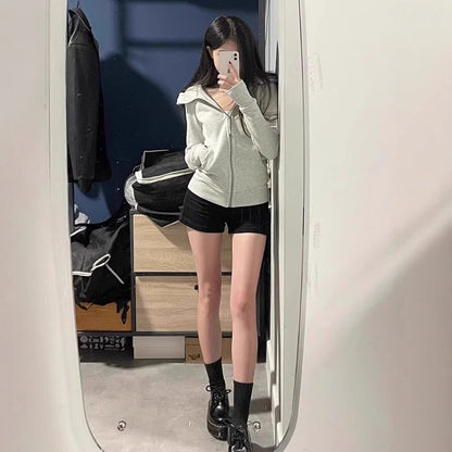 With Finger Buckle Hooded Slim Fit Waist Trimming Coat Zipper Cardigan Sweater
