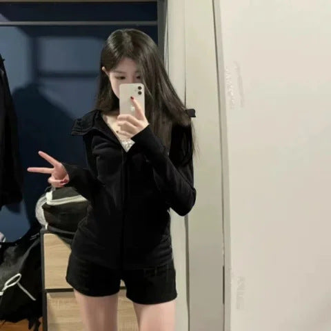 With Finger Buckle Hooded Slim Fit Waist Trimming Coat Zipper Cardigan Sweater