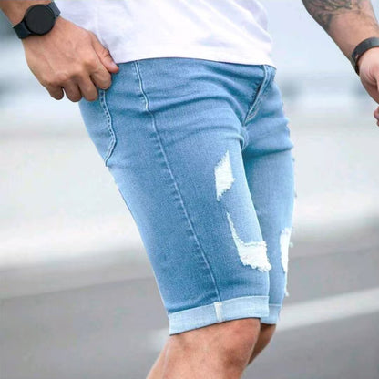 Trendy Distressed Denim Shorts - Summer Blue Multi-hole Design
