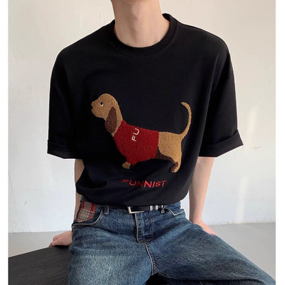 Sausage Dog Towel Embroidery Round Neck Short Sleeve T-shirt