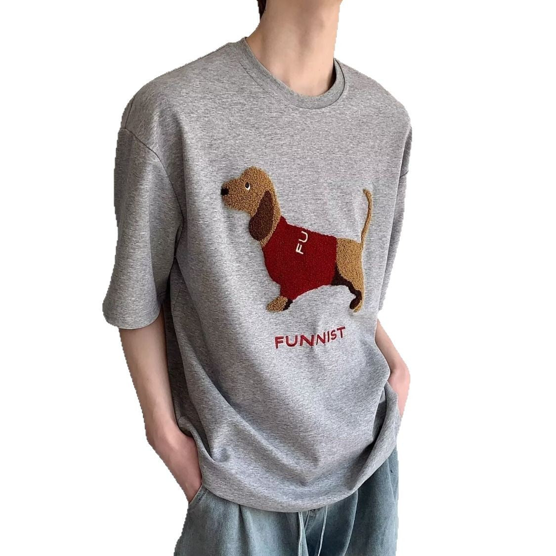 Sausage Dog Towel Embroidery Round Neck Short Sleeve T-shirt