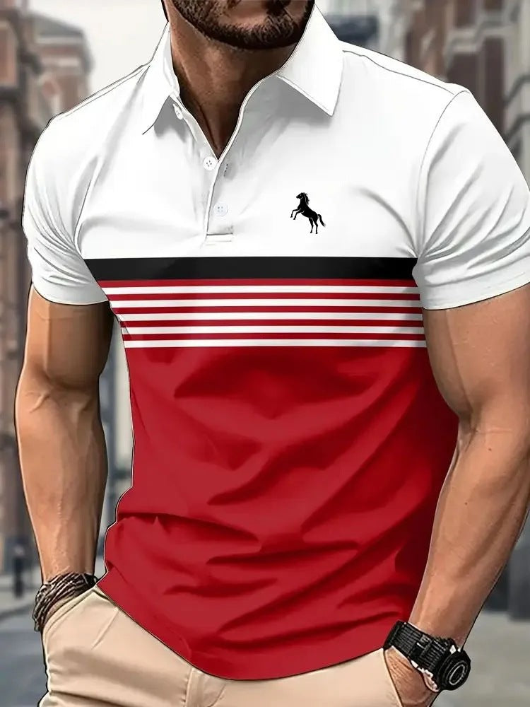 Men's Striped Color Block Golf Shirt - Sports Style