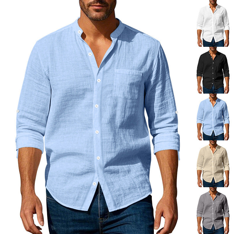 Long Sleeve Stand Collar Shirt With Pockets - Casual Men's Clothing