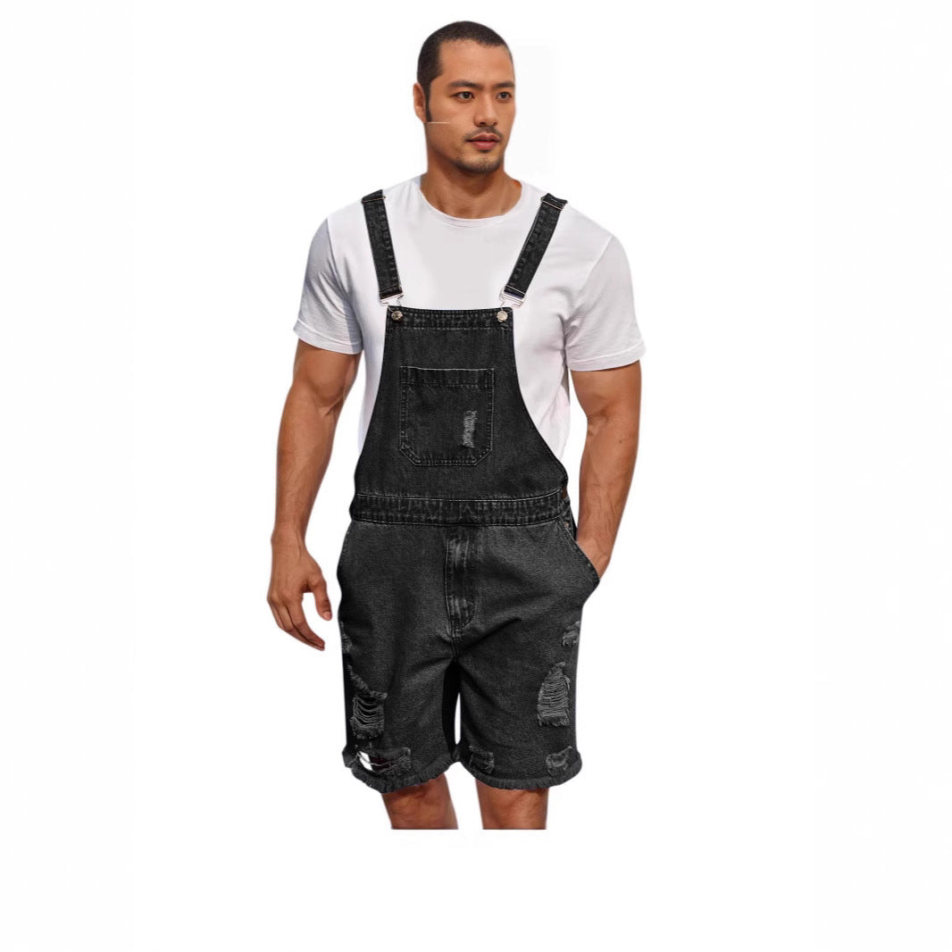 Ripped Leisure Men's Denim Suspender Shorts - Trendy & Stylish