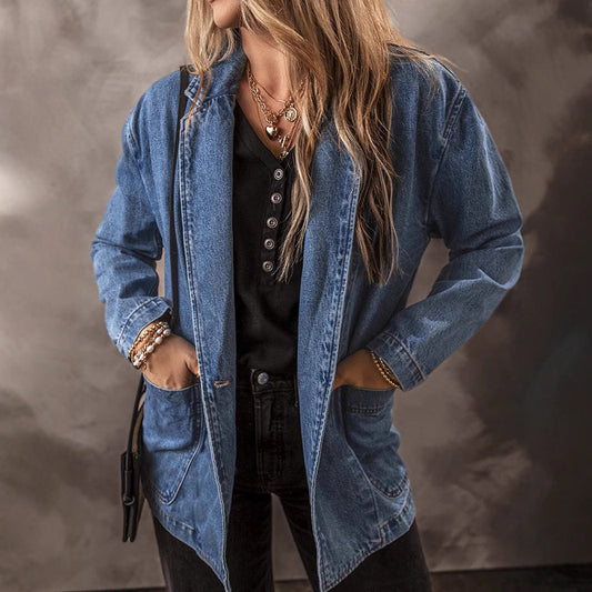 Spring And Autumn New Denim Jacket For Women, Slim Fit, Suit Collar, Solid Color Cardigan, One Button Top, Trendy