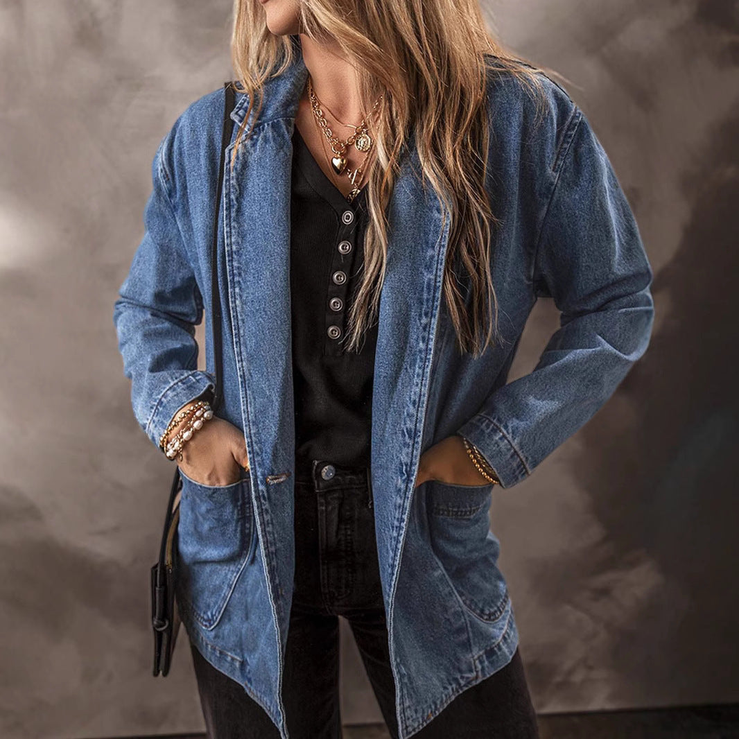Spring And Autumn New Denim Jacket For Women, Slim Fit, Suit Collar, Solid Color Cardigan, One Button Top, Trendy
