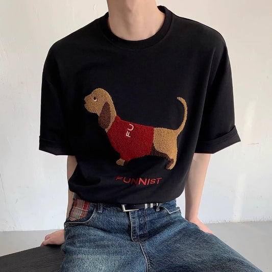 Sausage Dog Towel Embroidery Round Neck Short Sleeve T-shirt