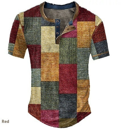 Men's Graphic Plaid Henley Shirt - Short Sleeve