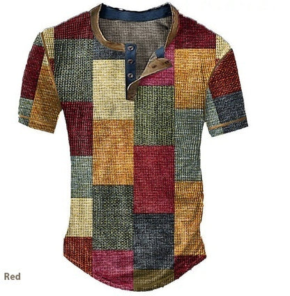 Men's Graphic Plaid Henley Shirt - Short Sleeve